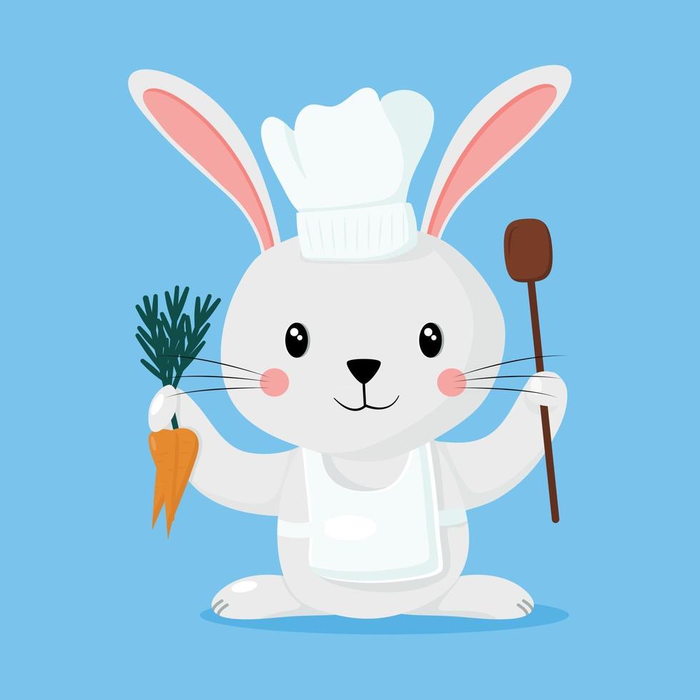 un conejo cocinero con su delantal e ingredientes. vector