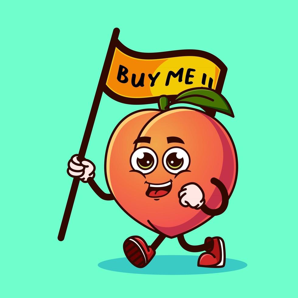 Cute Peach fruit character carrying a flag that says buy me. vector