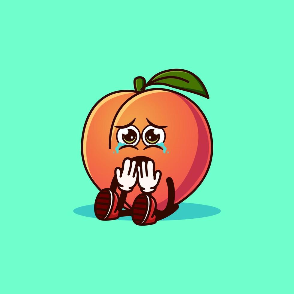 lindo personaje de fruta de durazno sentado y llorando. vector