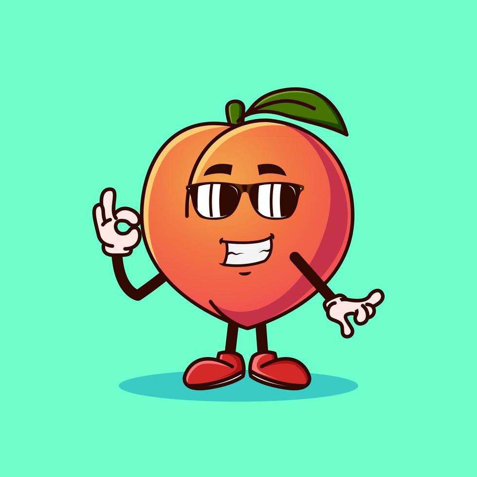 Lindo personaje de melocotón con gafas y gesto de mano ok. vector