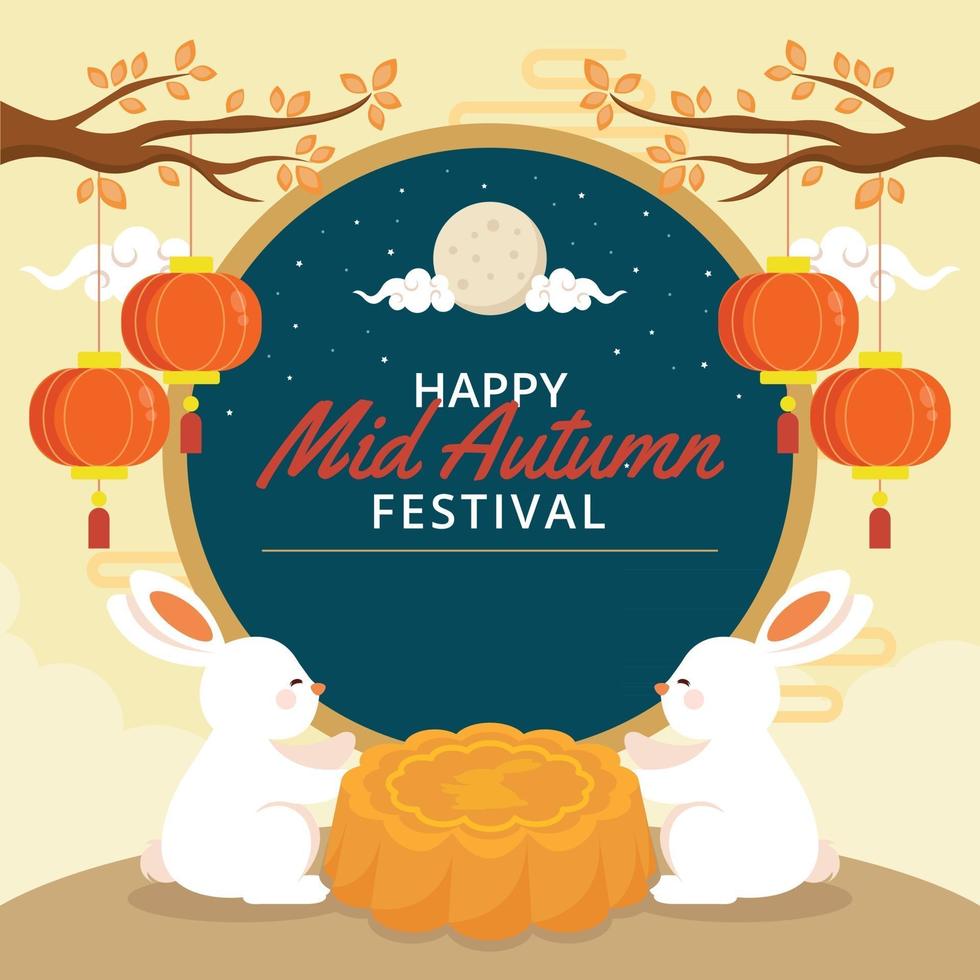 Family of Fluffy Rabbit Enjoying Moon Cake Autumn vector