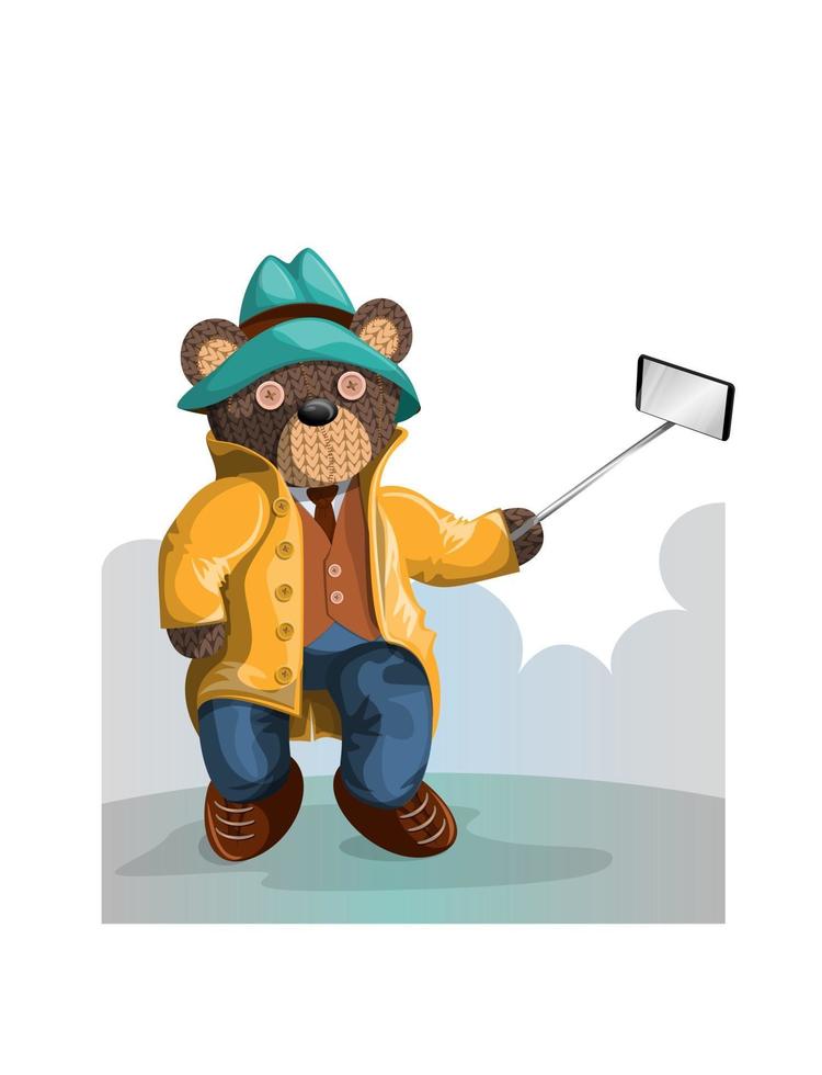 imagen vectorial de un oso con sombrero y abrigo tomando un selfie vector