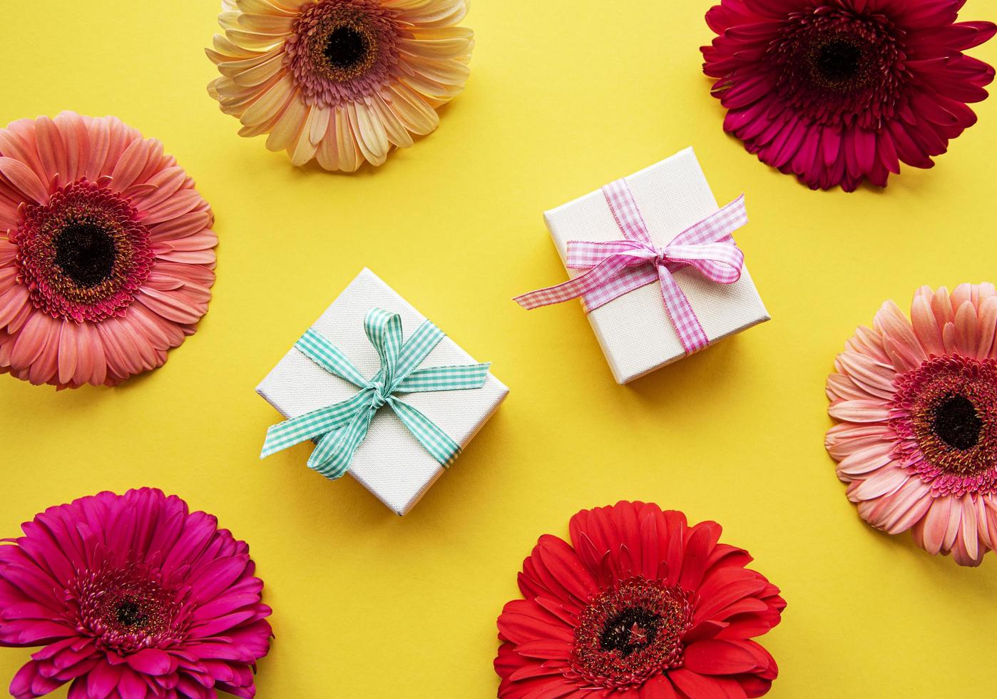 flores de gerbera y cajas de regalo en un amarillo foto