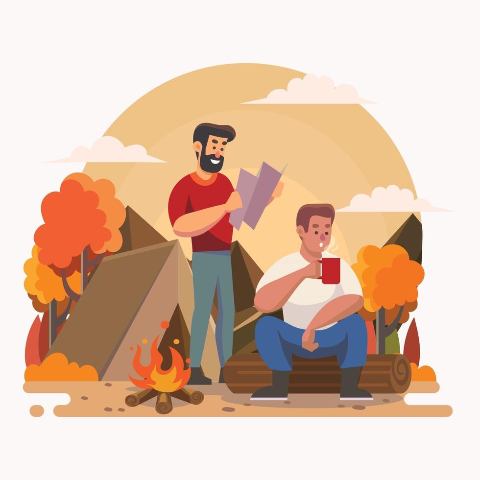 Two Man Resting at Camp Fire in Forest vector