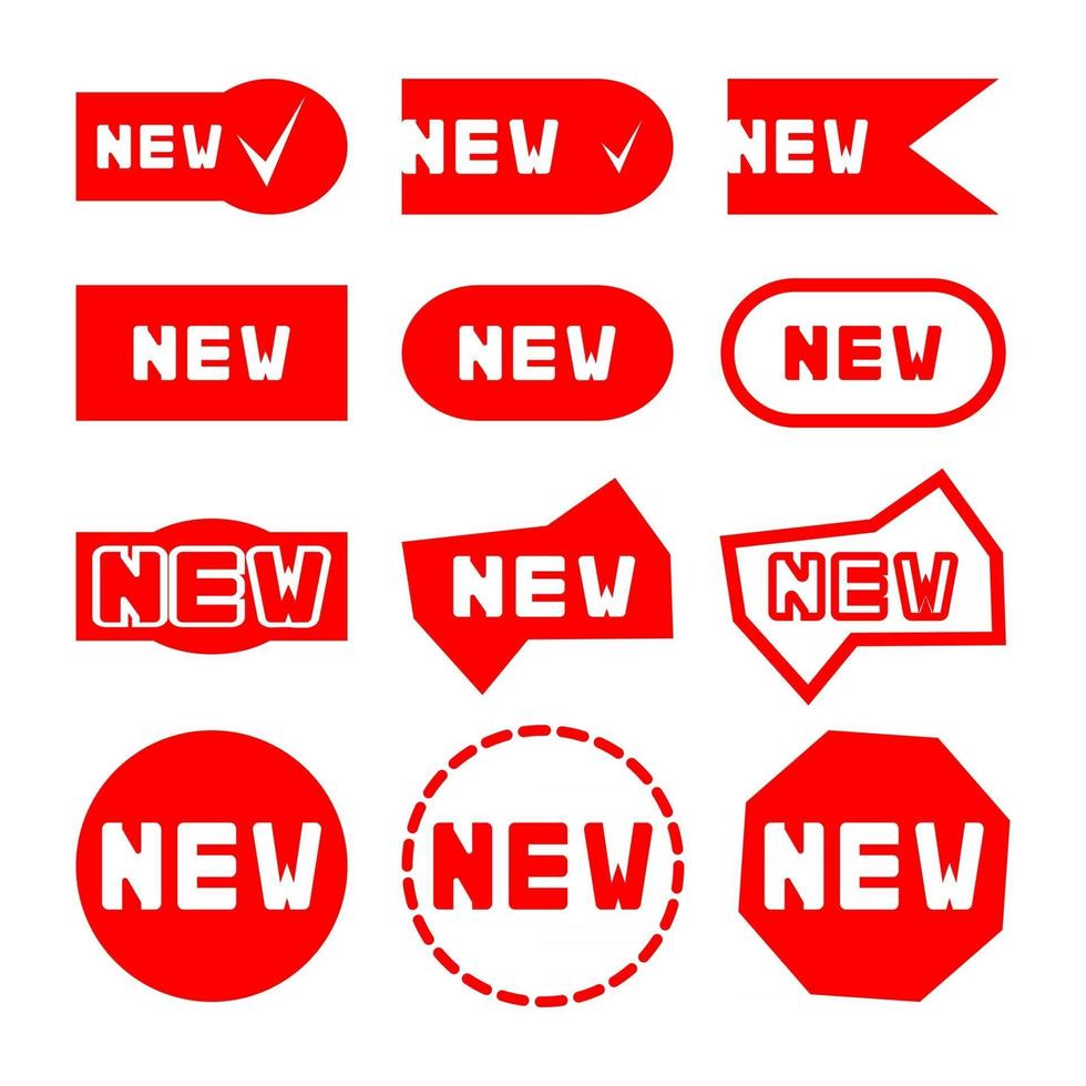 New sticker set. Red promotion labels for new arrivals shop section. Badges with word new. Flat style. Illustration isolated on white background vector