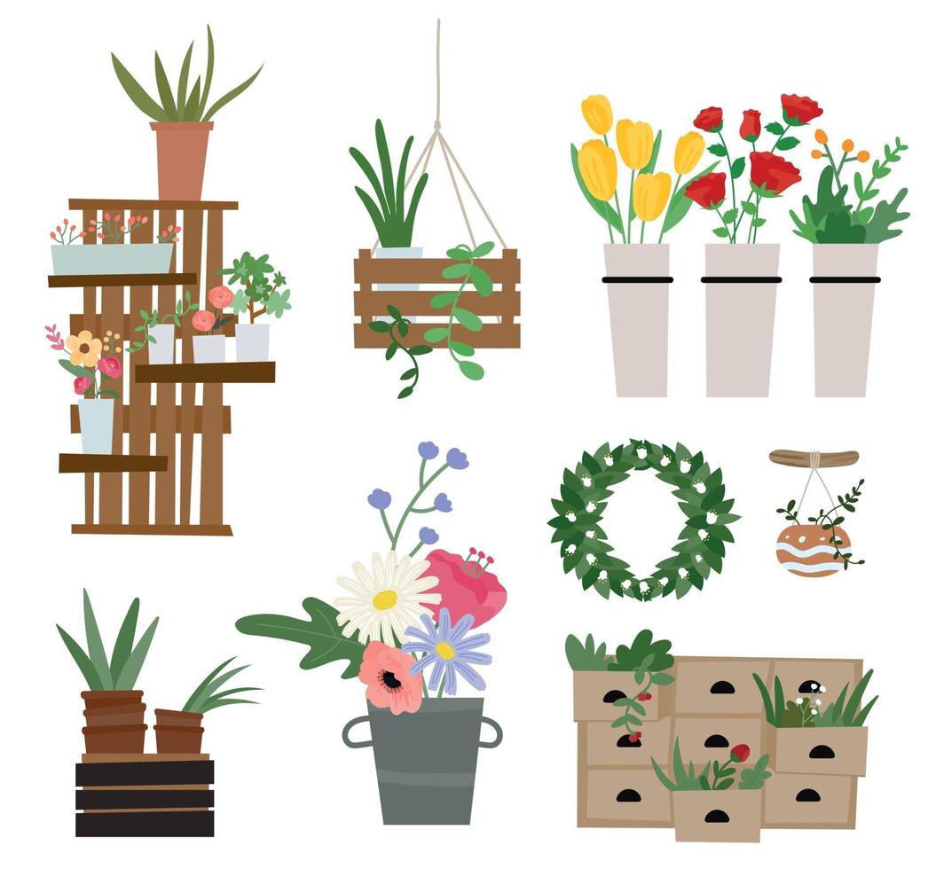 Plant interior props and plants in flower shop. vector