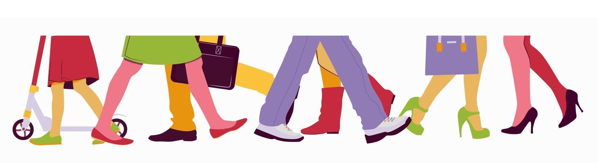 Men and women walk in the crowd. Illustration of the lower half vector