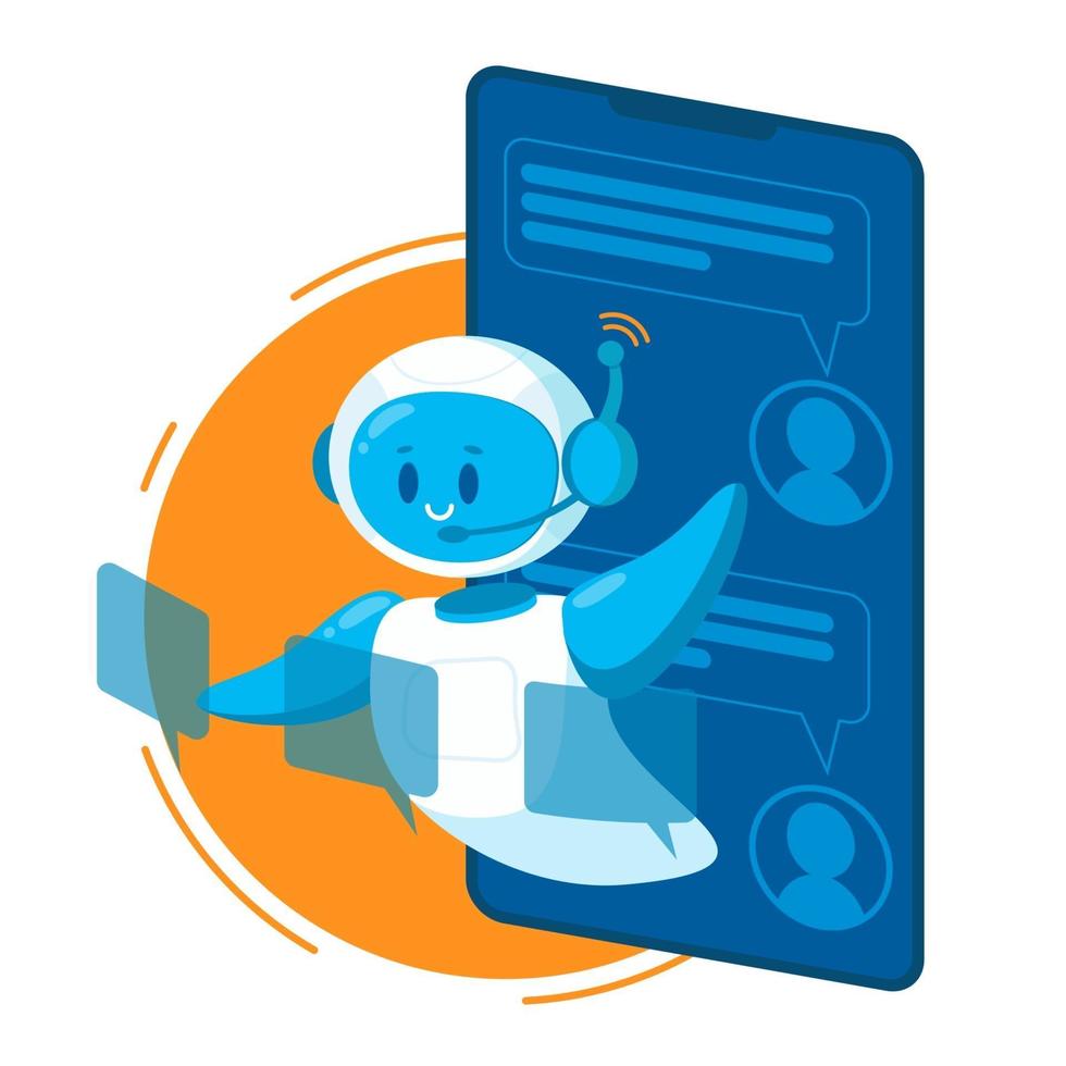 Smiling chat bot character robot helping solve a problems. vector