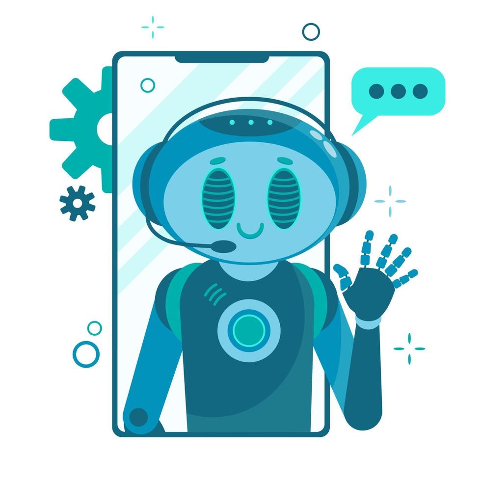 Smiling chat bot character robot helping solve a problems. vector