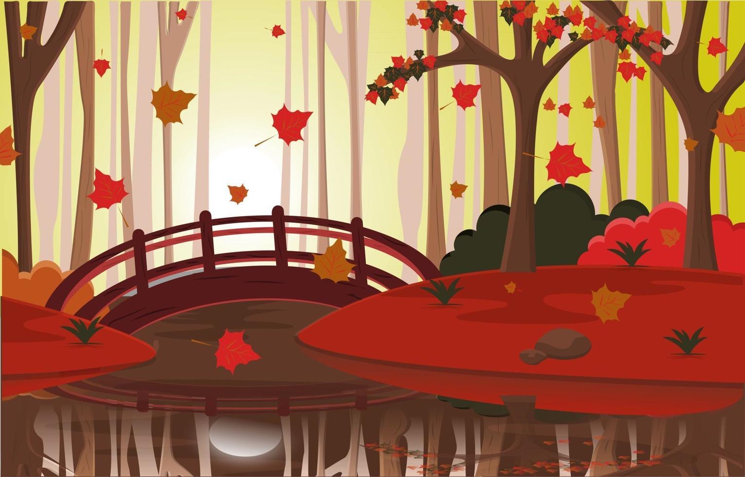 otoño temporada de otoño campo río puente naturaleza paisaje vector