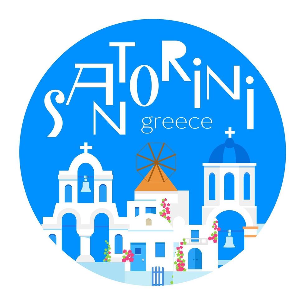 Santorini island, Greece. Round souvenir magnet. vector