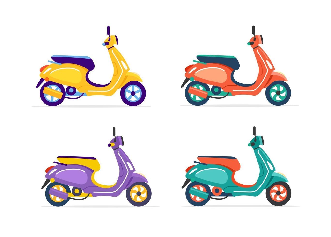 Electric scooter of different colors isolated. Set vector illustration