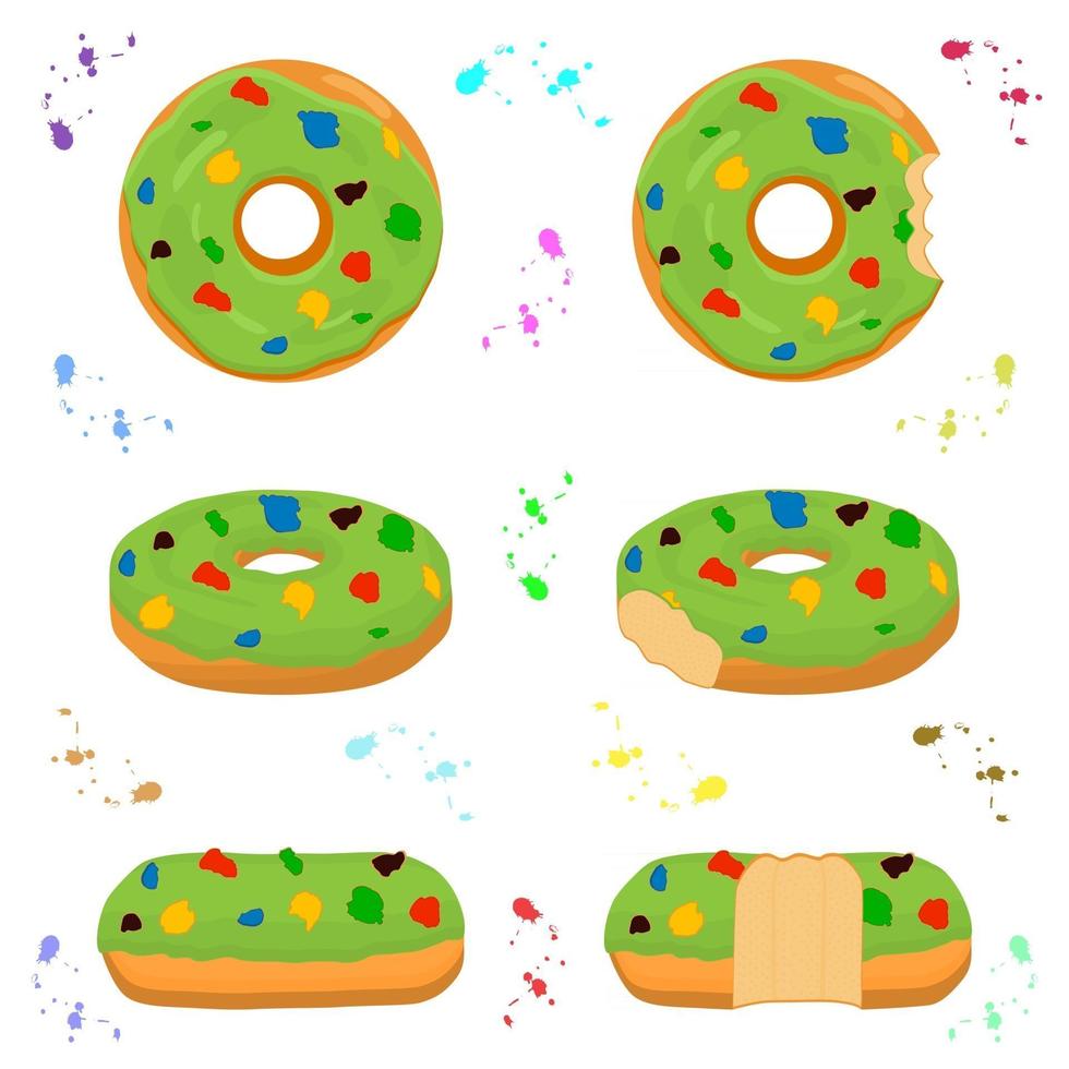 Ilustración sobre el tema del gran conjunto de diferentes tipos de donas adhesivas vector