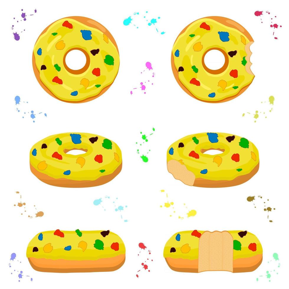 Ilustración sobre el tema del gran conjunto de diferentes tipos de donas adhesivas vector