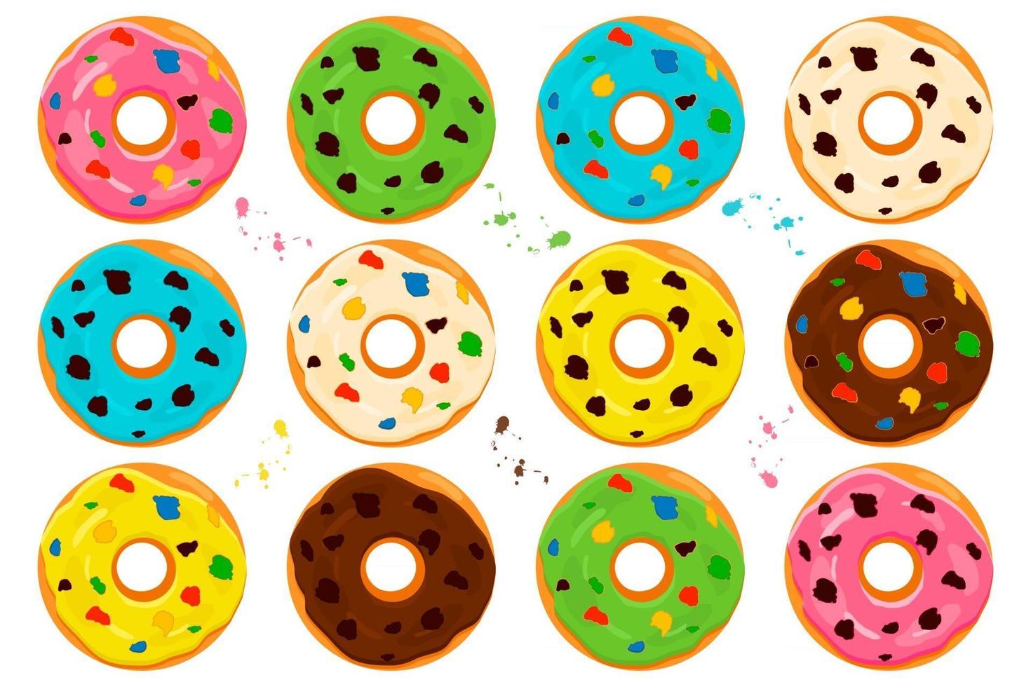 Ilustración sobre el tema del gran conjunto de diferentes tipos de donas adhesivas vector