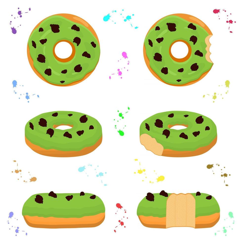 Ilustración sobre el tema del gran conjunto de diferentes tipos de donas adhesivas vector