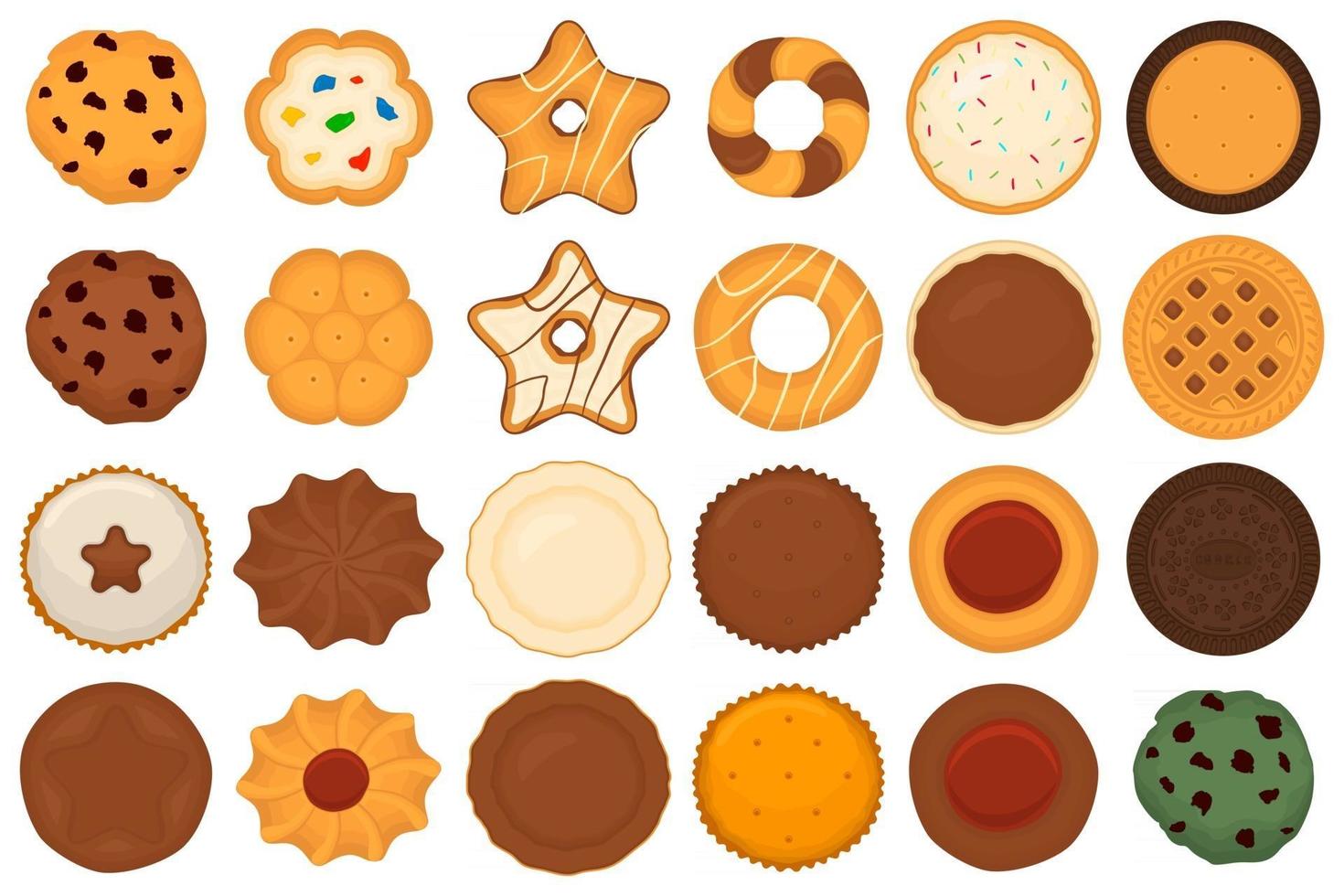 big set different biscuit, kit colorful pastry cookie vector