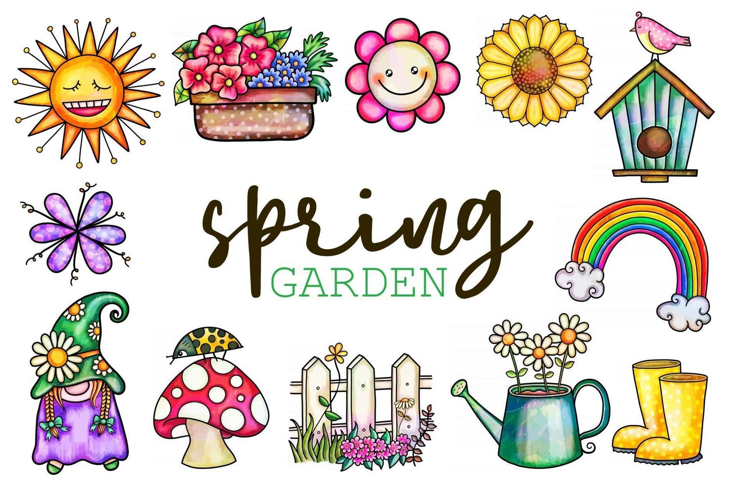 Spring Garden Watercolor Doodles vector