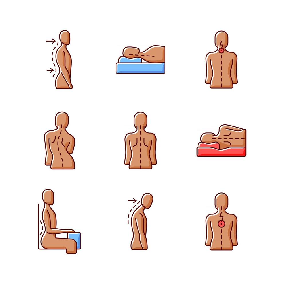 Conjunto de iconos de color rgb de problemas de espalda y postura vector
