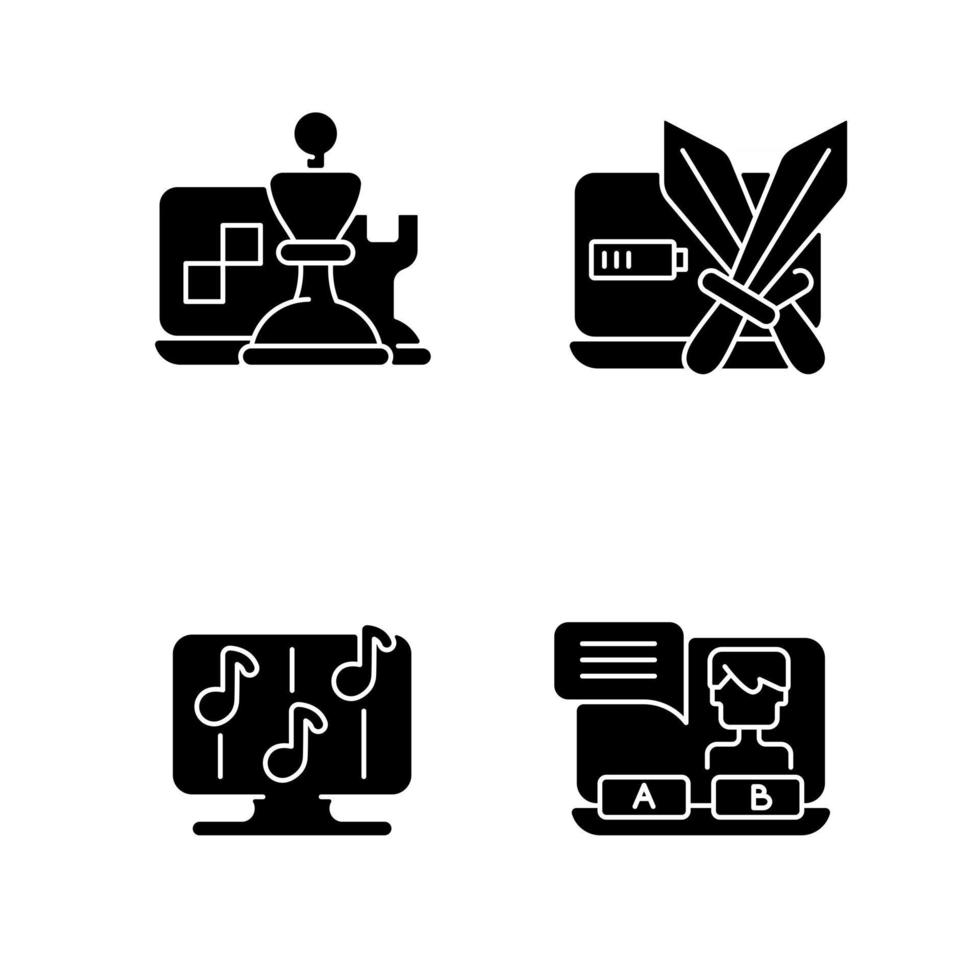 Competitive games types black glyph icons set on white space vector