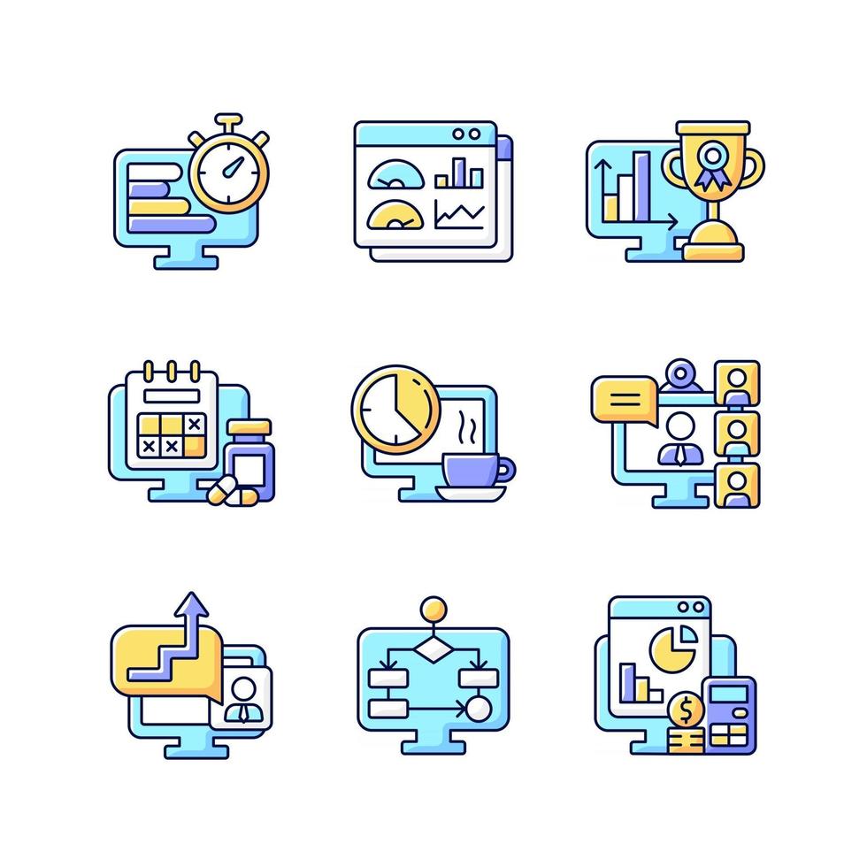 Online work monitoring RGB color icons set vector