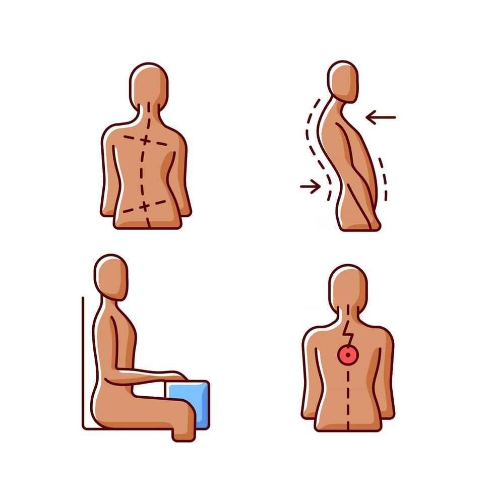 Bad posture problems RGB color icons set vector