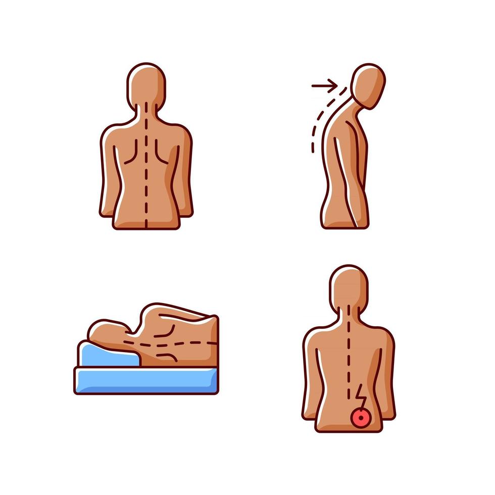 Poor posture problems RGB color icons set vector