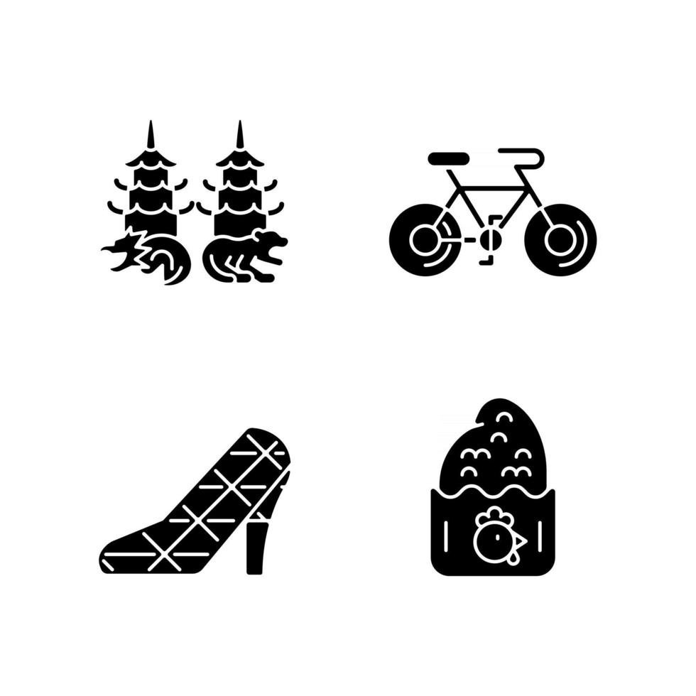 Asian black glyph icons set on white space. vector