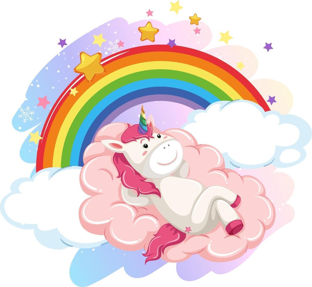 Cute unicorn in the pastel sky with rainbow vector