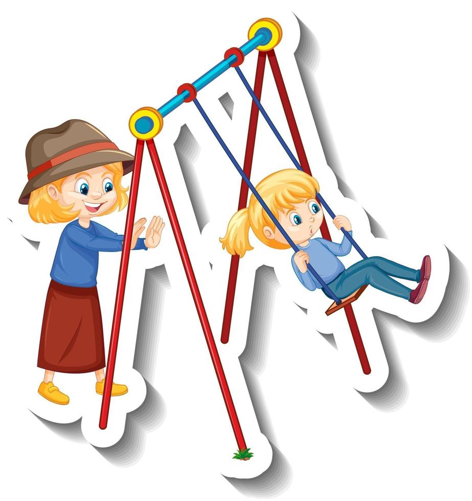 Sticker kids playing swing at playground vector