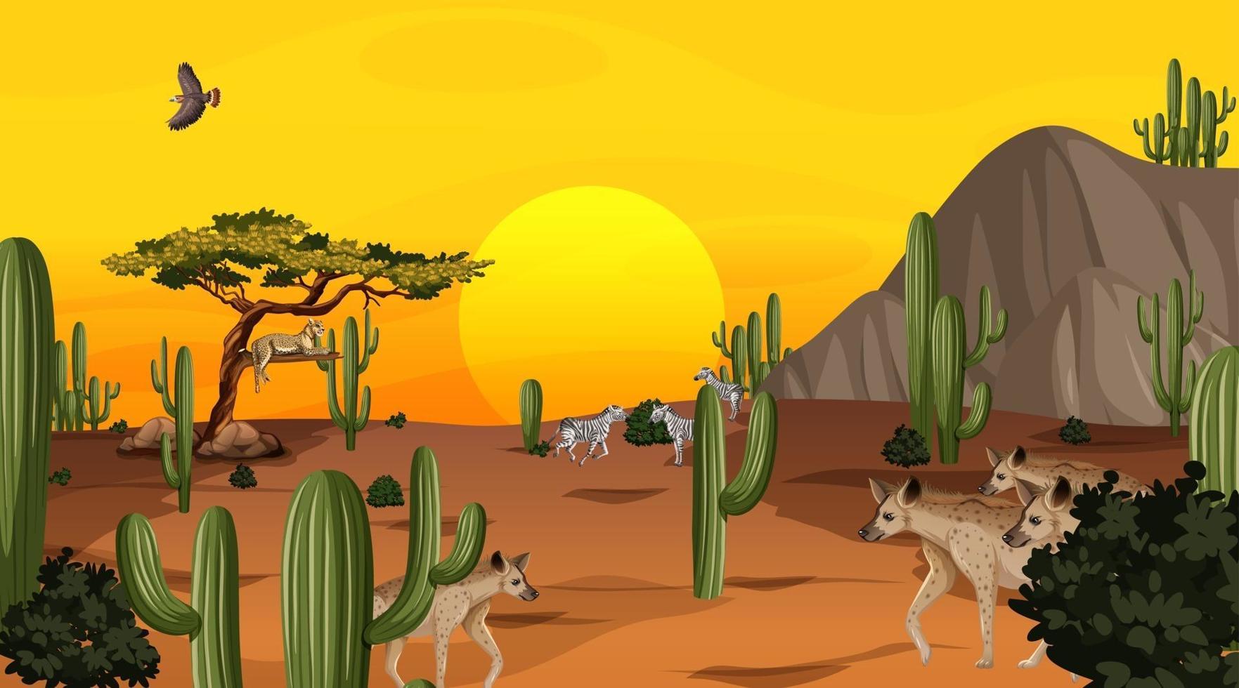 paisaje de bosque desértico en la escena del atardecer con animales salvajes vector