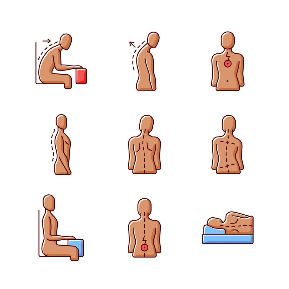 Back and posture problems RGB color icons set vector