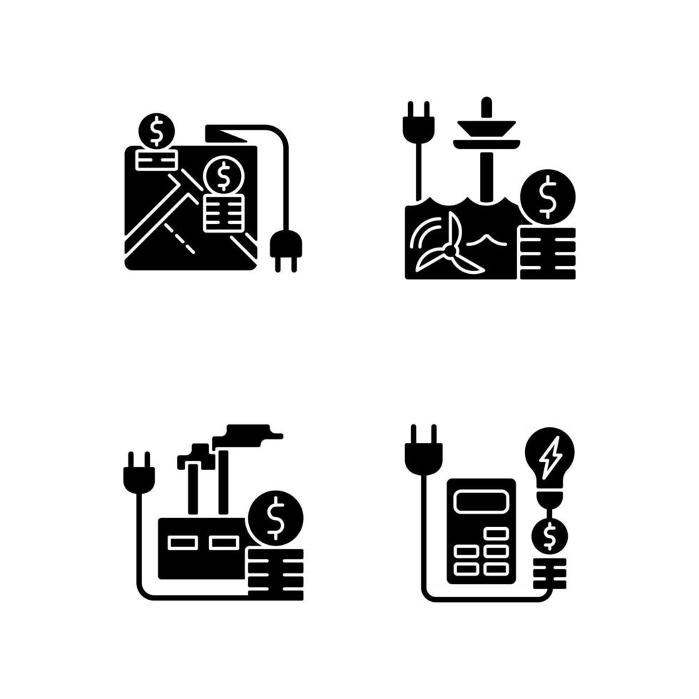 Electrical energy purchase black glyph icons set on white space vector