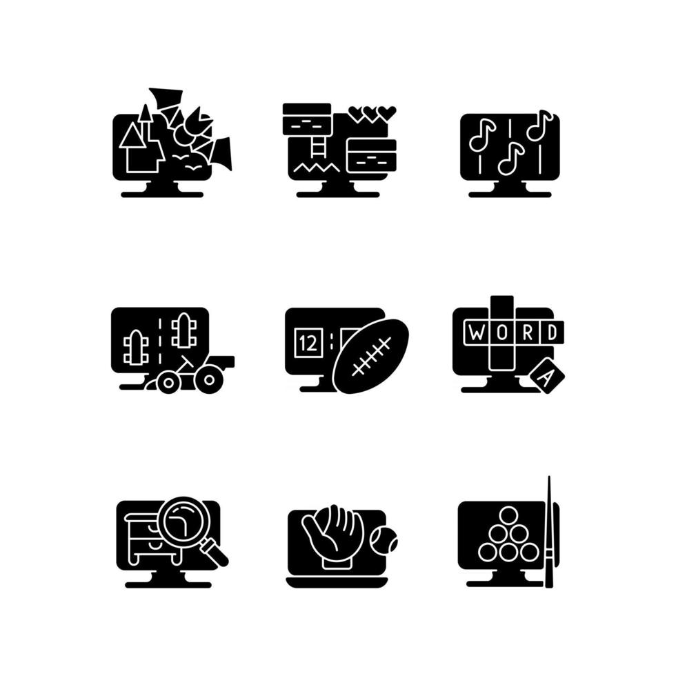 Online simulators black glyph icons set on white space vector