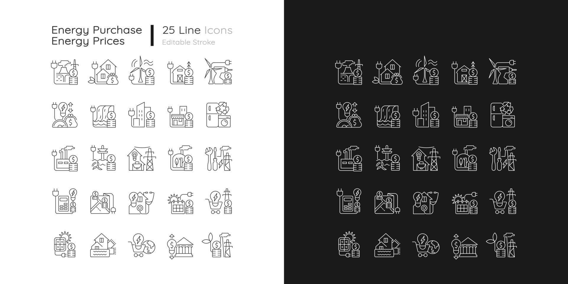 Energy purchase linear icons set for dark and light mode vector