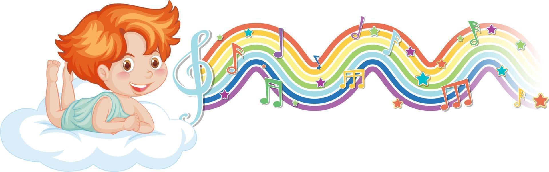 Cupid boy on the cloud with melody symbols on rainbow vector