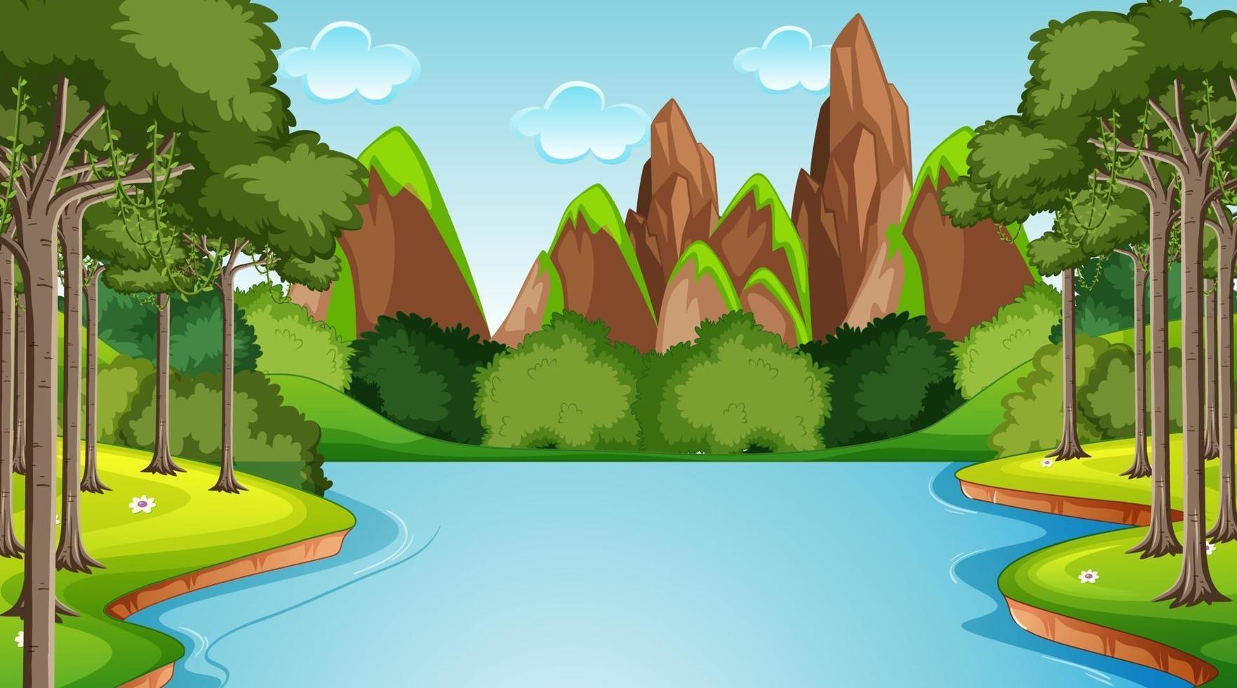 Stream flowing through the forest scene with mountain background vector