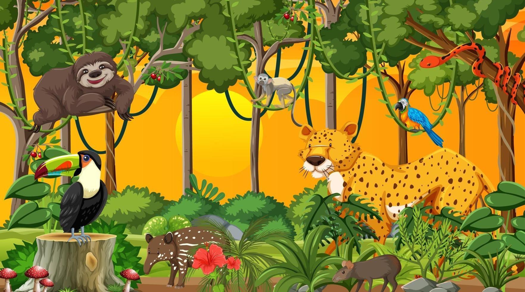 Nature forest at sunset time scene wtih wild animals vector