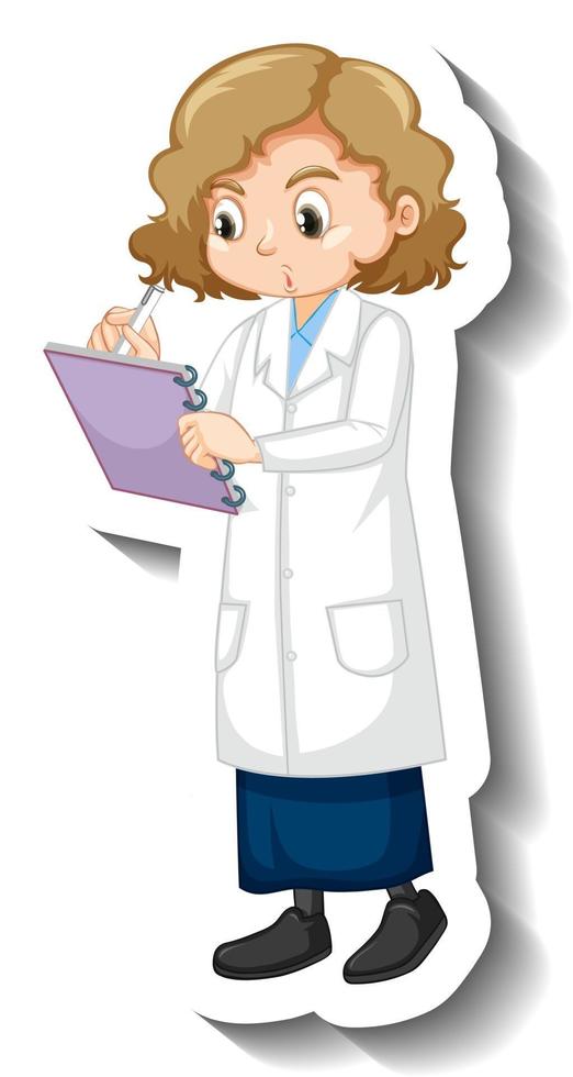 una chica en bata de ciencia pegatina de personaje de dibujos animados vector