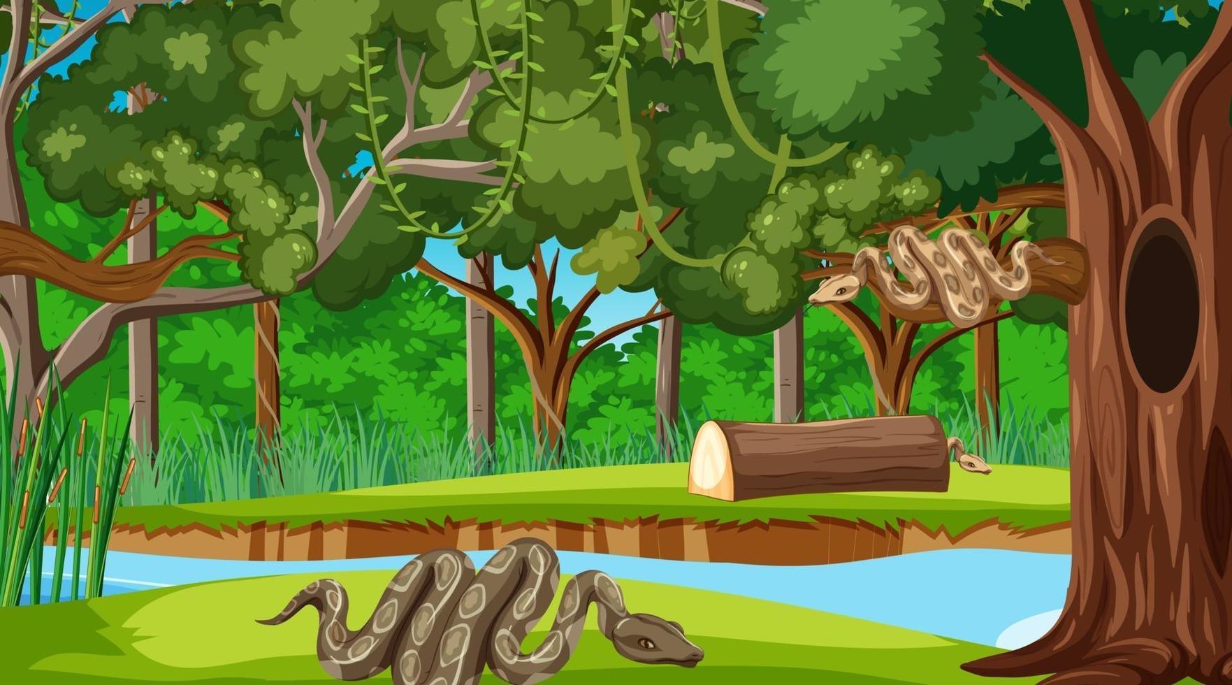 Two snake in forest at daytime scene with many trees vector