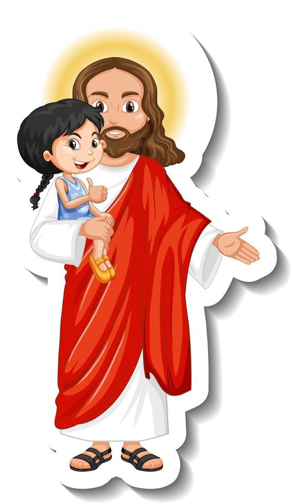 Jesucristo sosteniendo una pegatina de niño sobre fondo blanco. vector