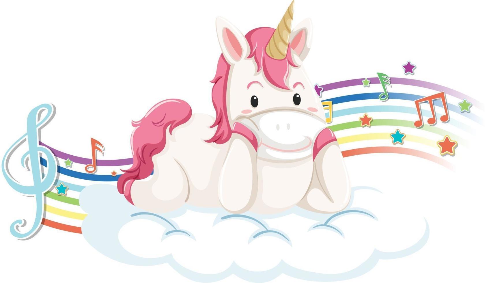 Cute unicorn laying on the cloud with melody symbols on rainbow vector