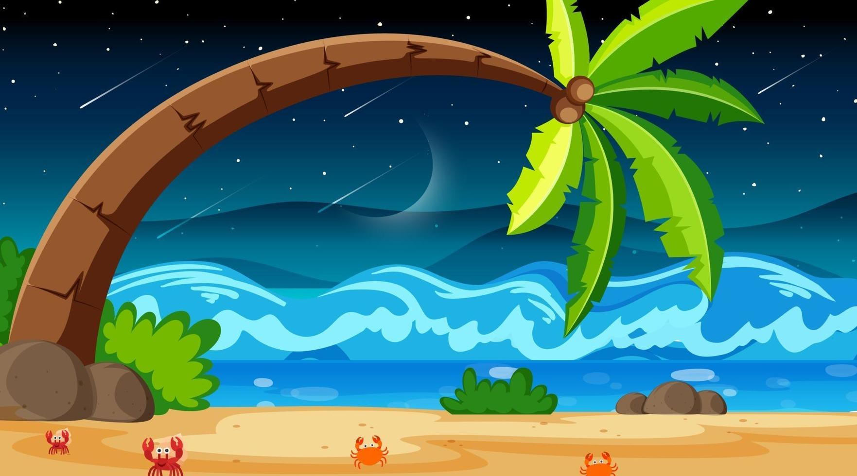 Escena de paisaje de playa tropical por la noche con un gran cocotero vector