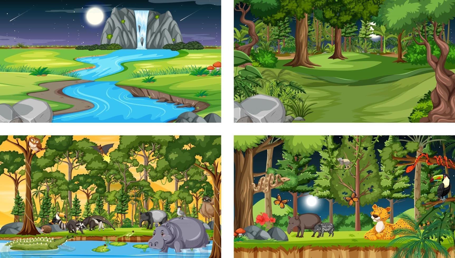 Conjunto de escena horizontal de bosque diferente con varios animales salvajes vector