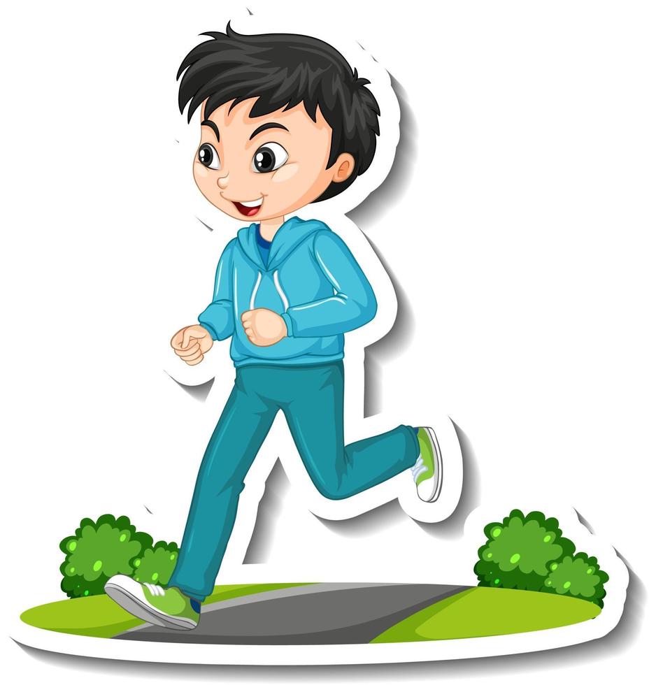 Cartoon character sticker with a boy jogging on white background vector