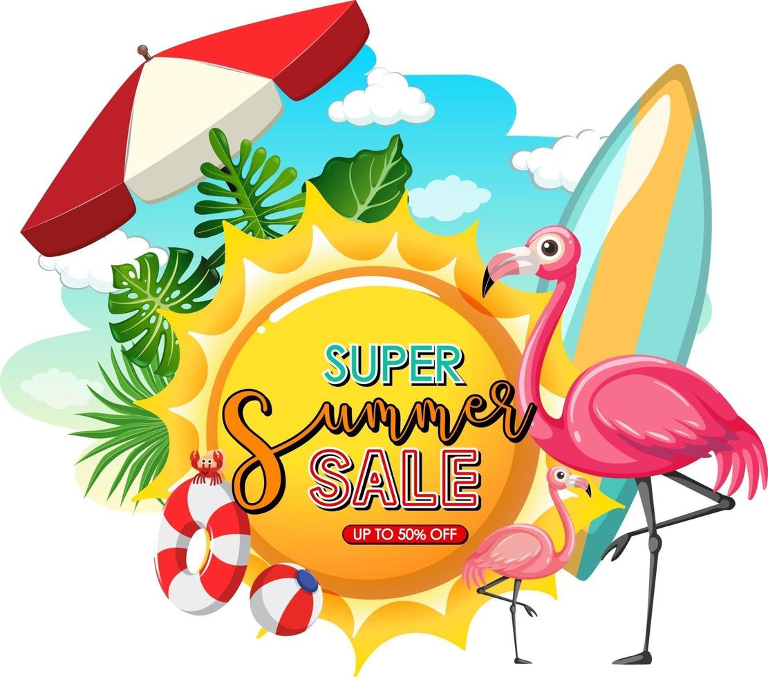 Super Summer Sale banner with summer elements isolated vector