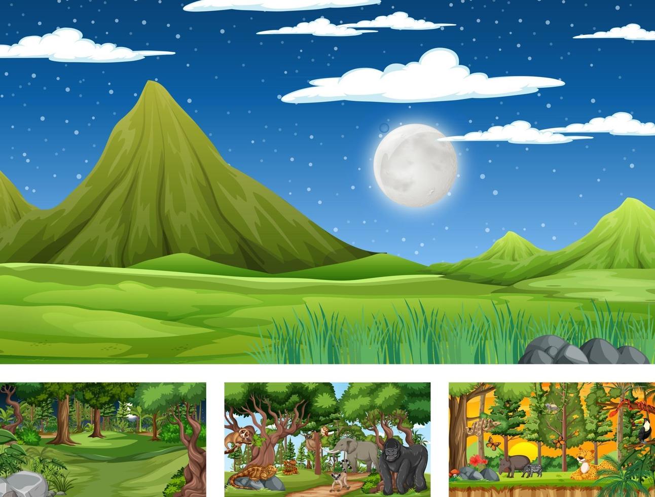 Set of different nature horizontal scene with various wild animals vector