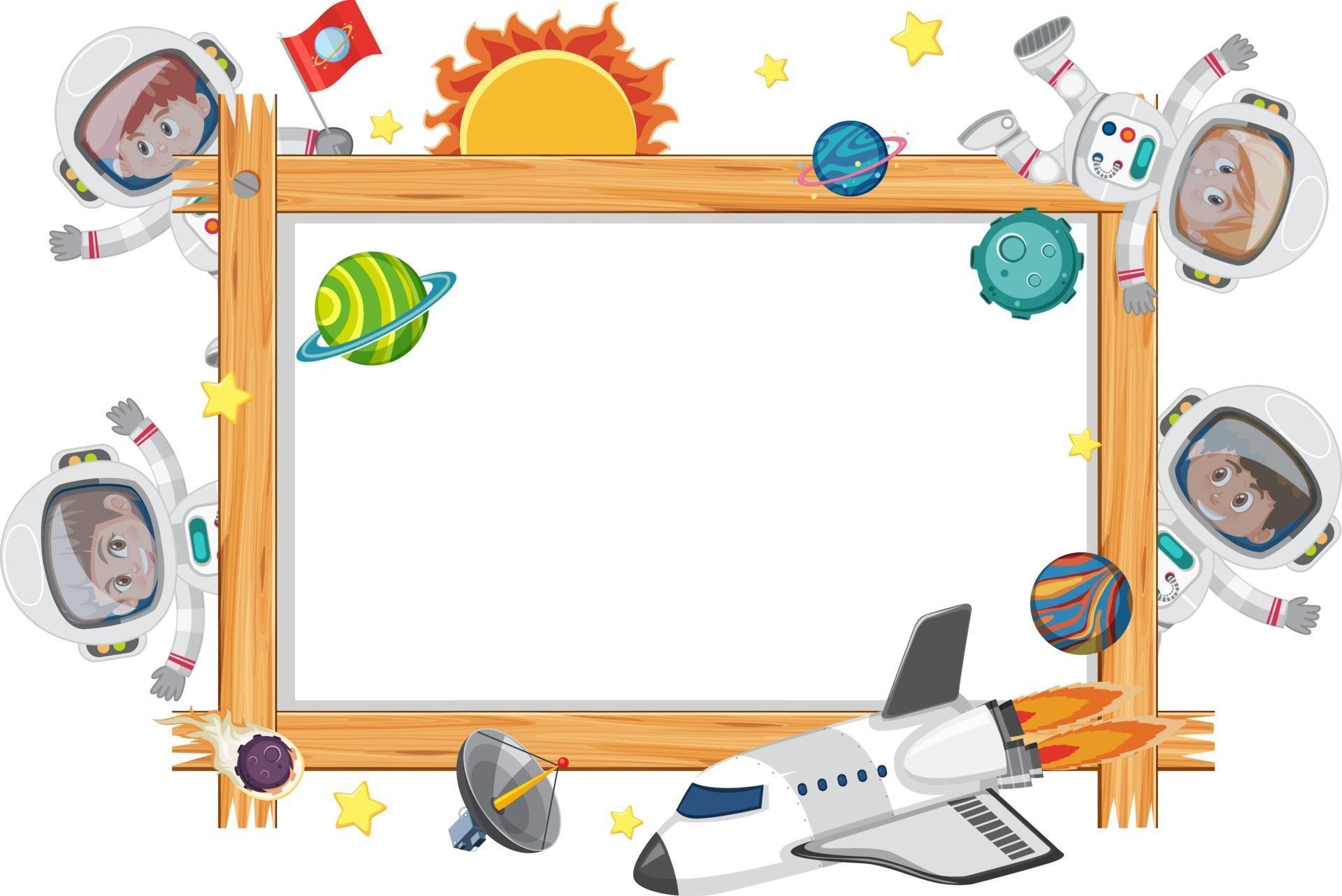 Empty wooden frame  with astronaut kids cartoon  character  