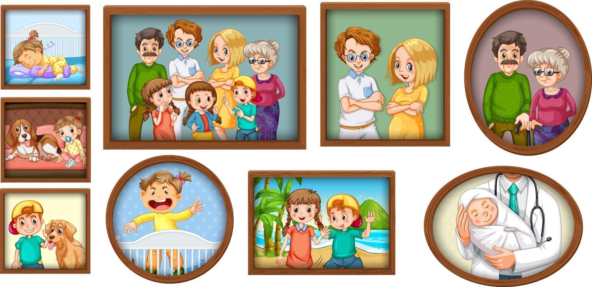 Set of happy family photo on the wooden frame vector