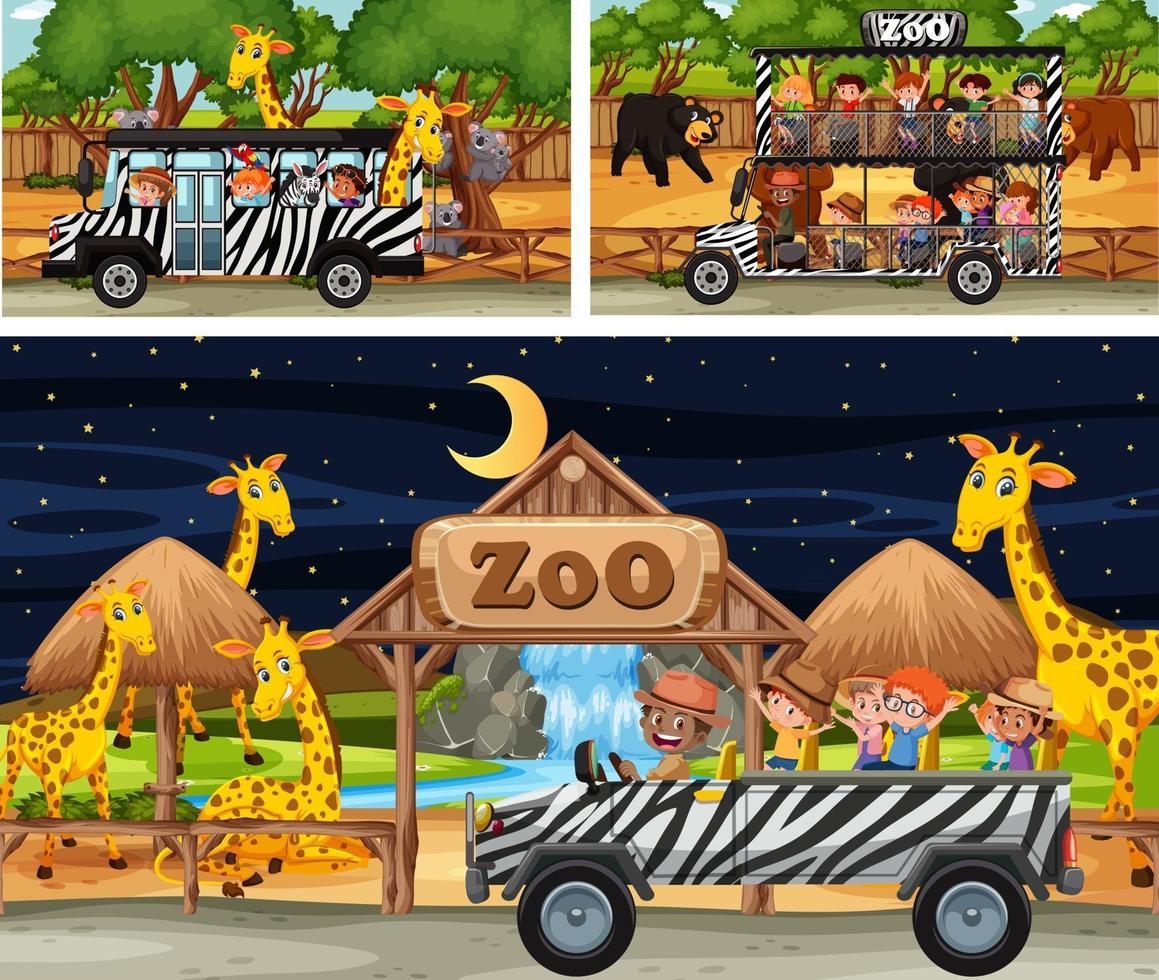 Different safari scenes with animals and kids cartoon character vector